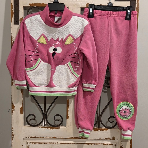 Ocean Pacific Other - Vintage 1989 Ocean Pacific Pink Cat Tracksuit Set Kids Size 4T 80s OP Fleece